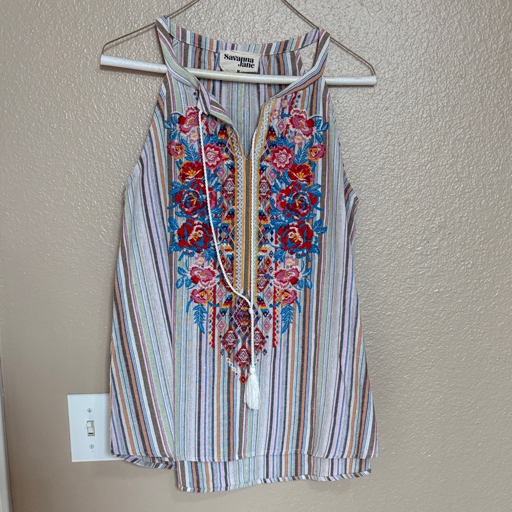 Savanna Jane Striped Floral Embroidered Blouse
